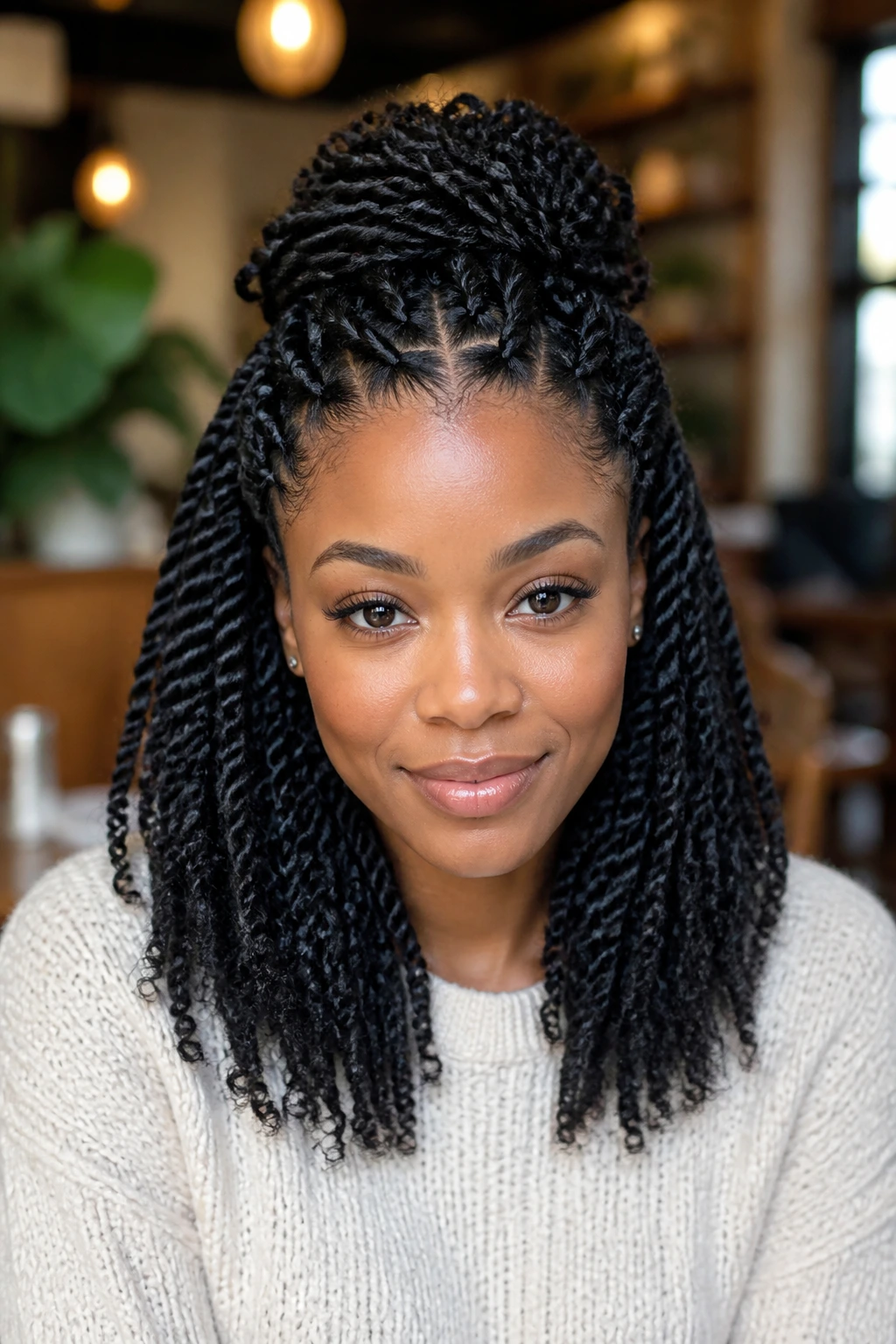 Half-Up, Half-Down Crown Twists close-up portrait.