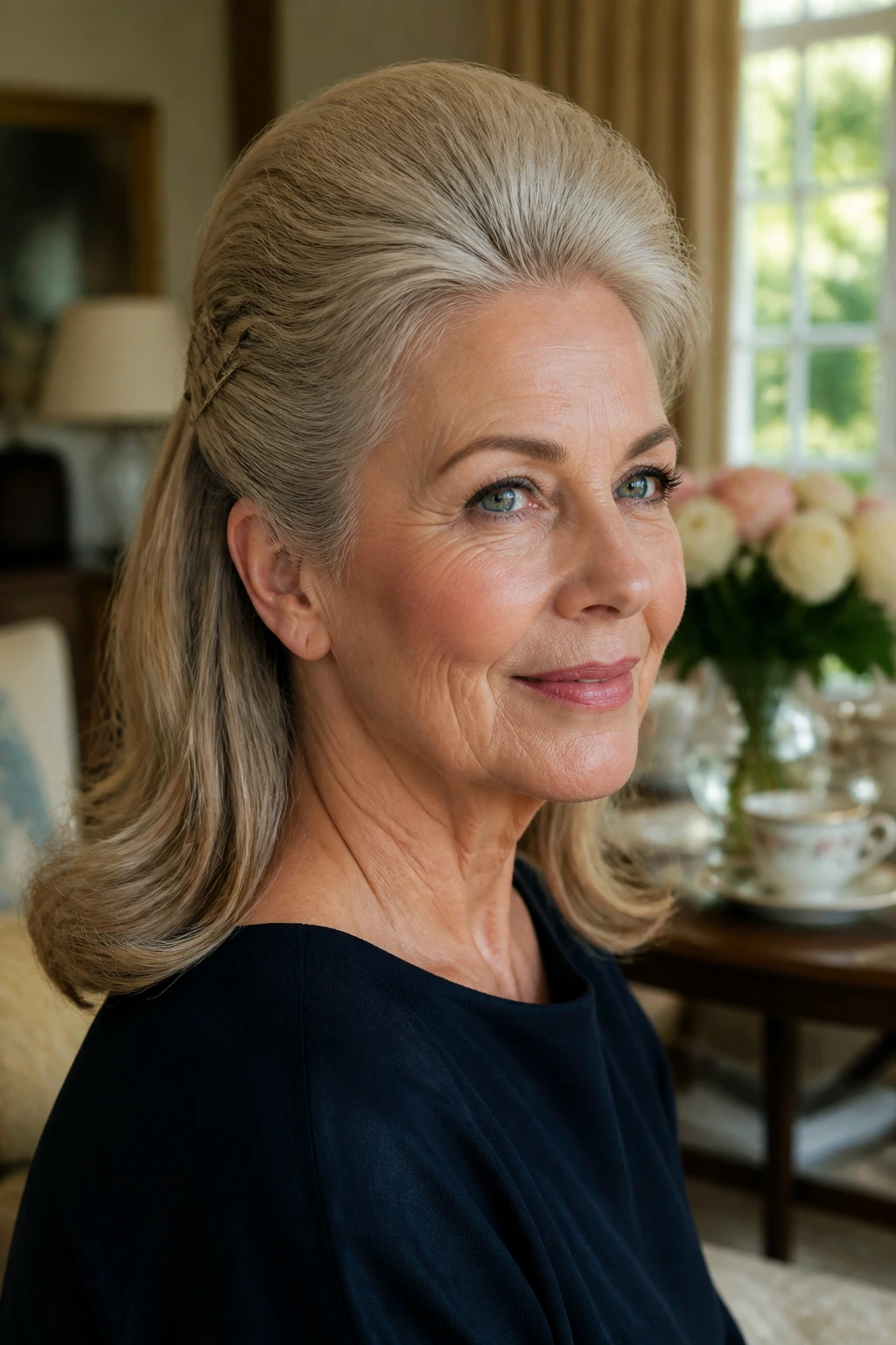 Close-up of an older woman with crown-teased half-up hairstyle