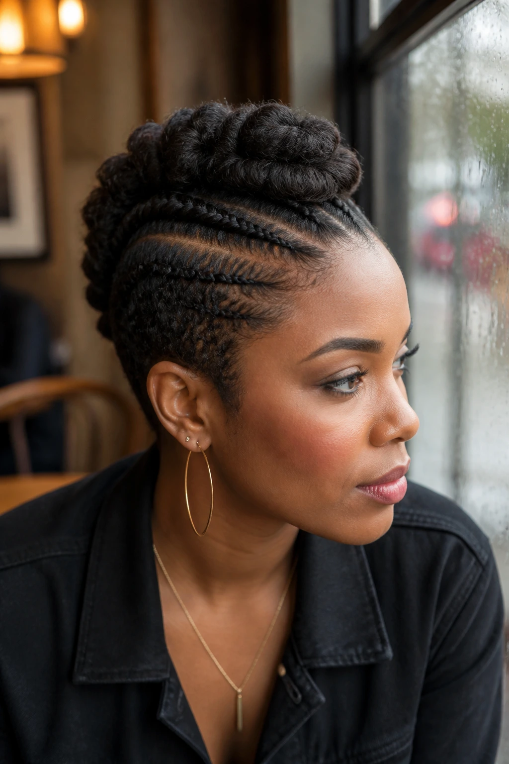 Close-up of a real person with a crown-to-hawk half-up braid on short hair in cafe light