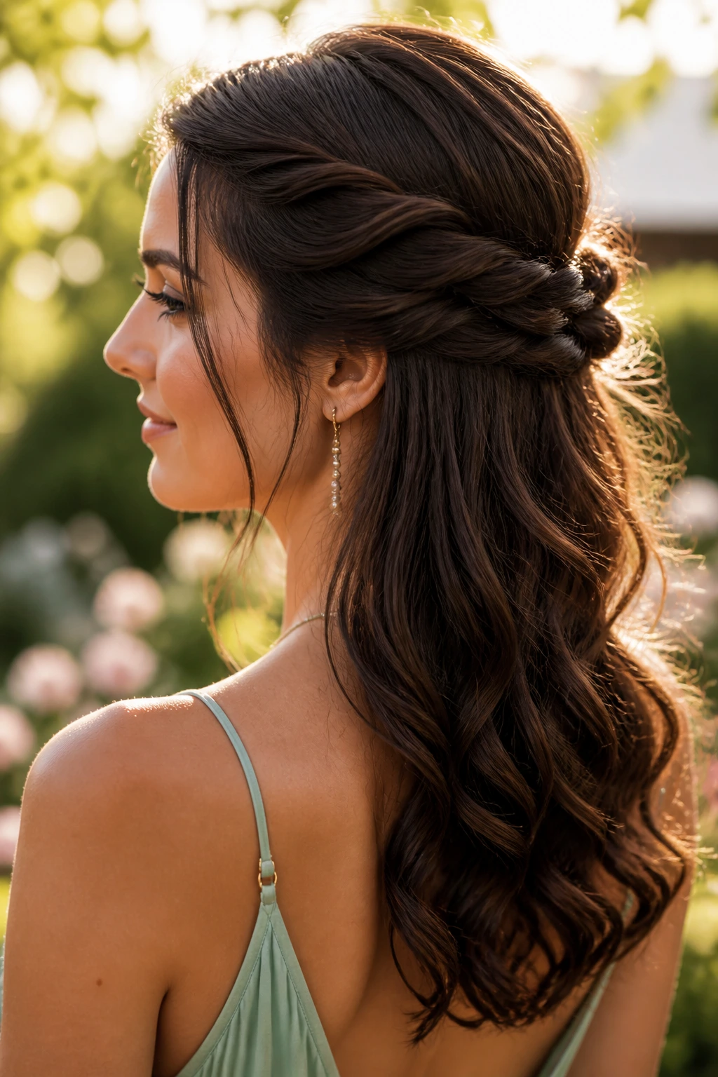 Close portrait of a real woman with half-up crown twists