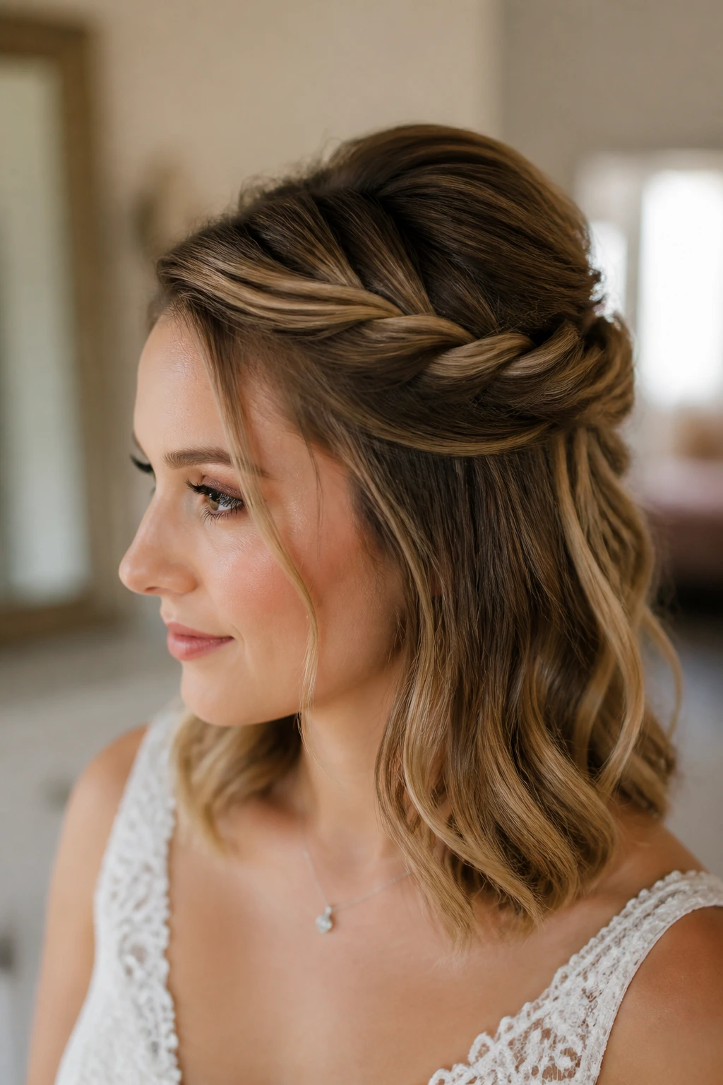 Close-up of a bride's half-up crown twist with lifted crown