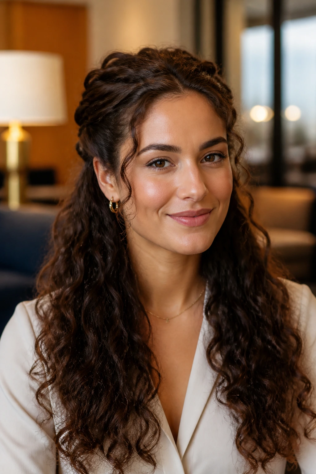 Portrait of a person with half-up crown twist hairstyle in a workplace setting