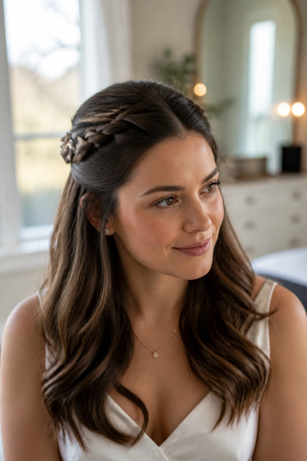 Portrait of a real woman with a half-up crown twist hairstyle