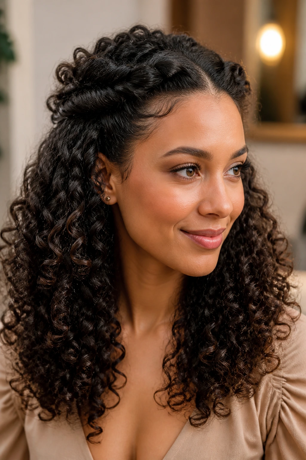 Close-up of a real woman with a half-up crown twist.