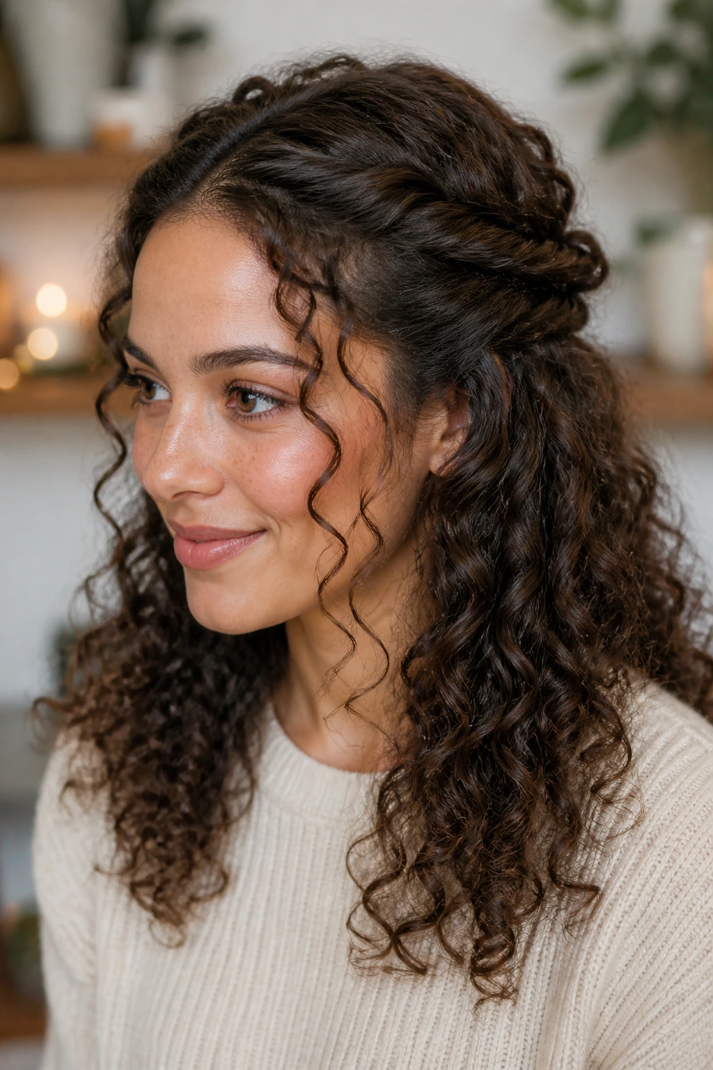 Half-up crown twist with loose ringlets on a real person