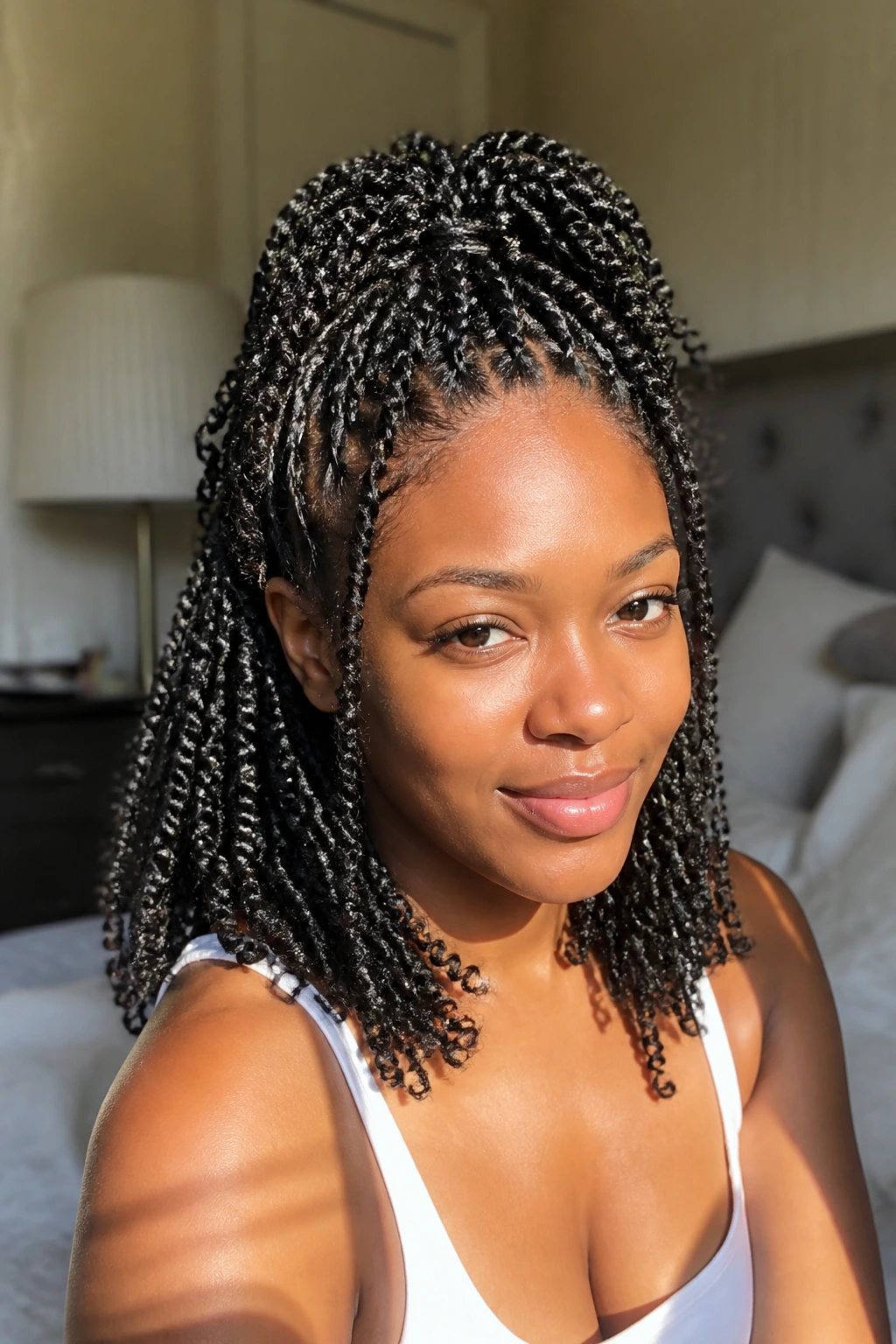 Close-up of a real woman with half-up crown spring twists