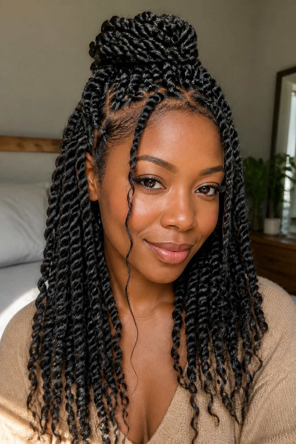 Close-up of a real woman with a half-up crown spring twists hairstyle