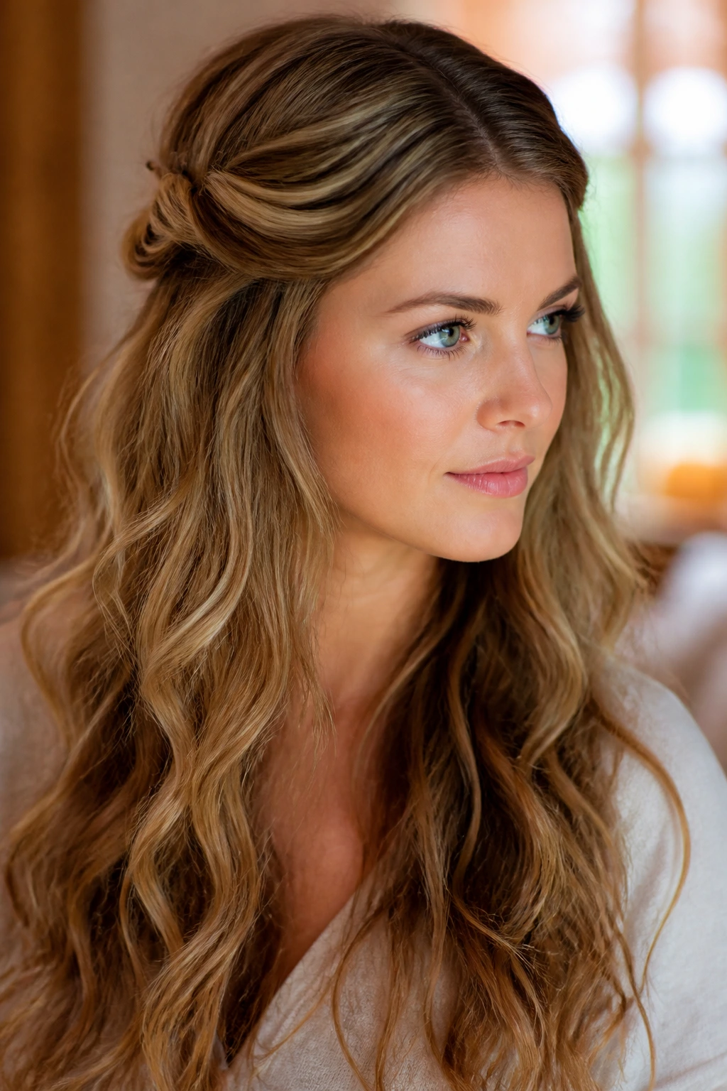 Real woman with half-up twisted crown waves in soft window light