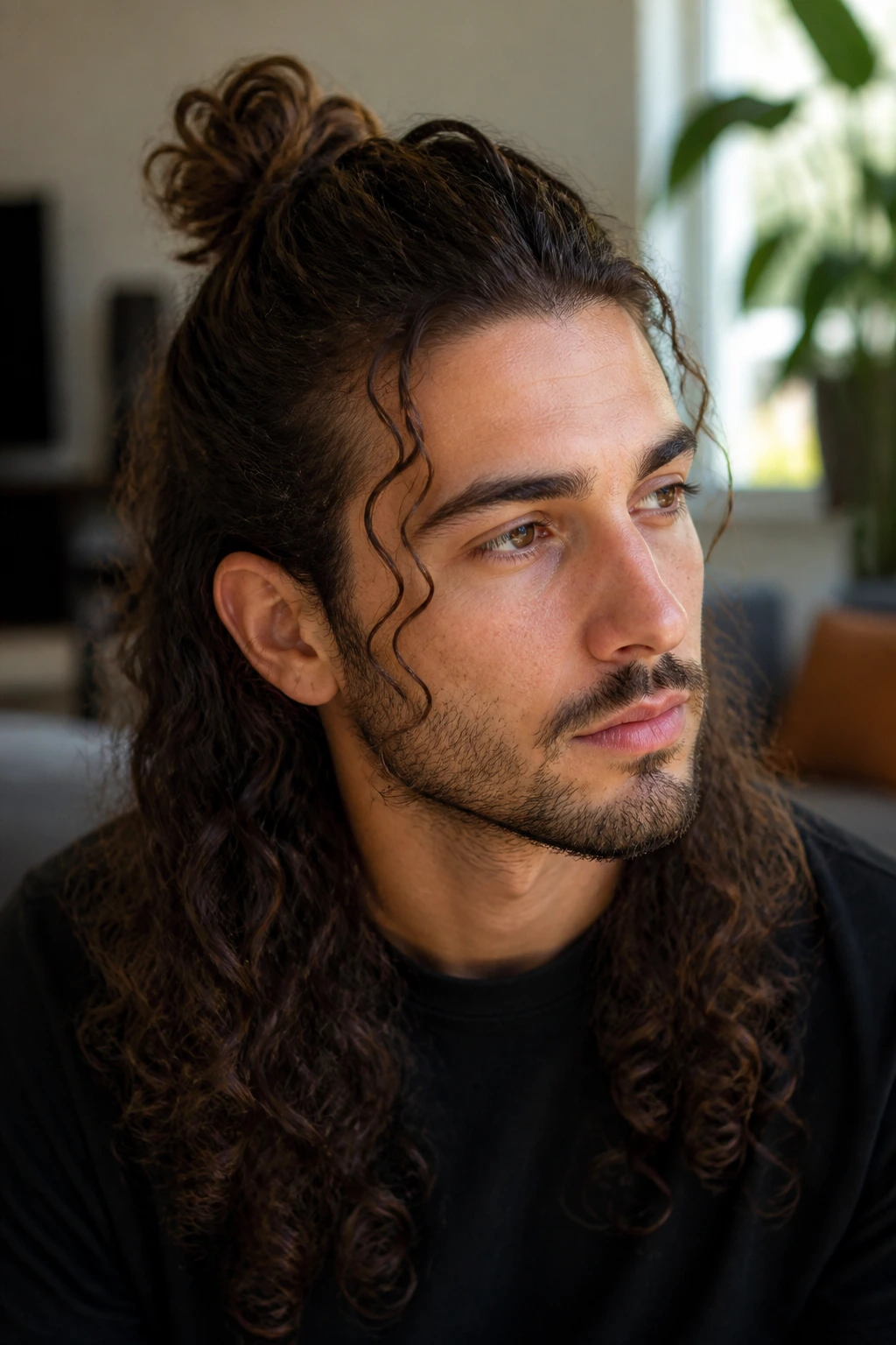 Man with half-up, half-down curls