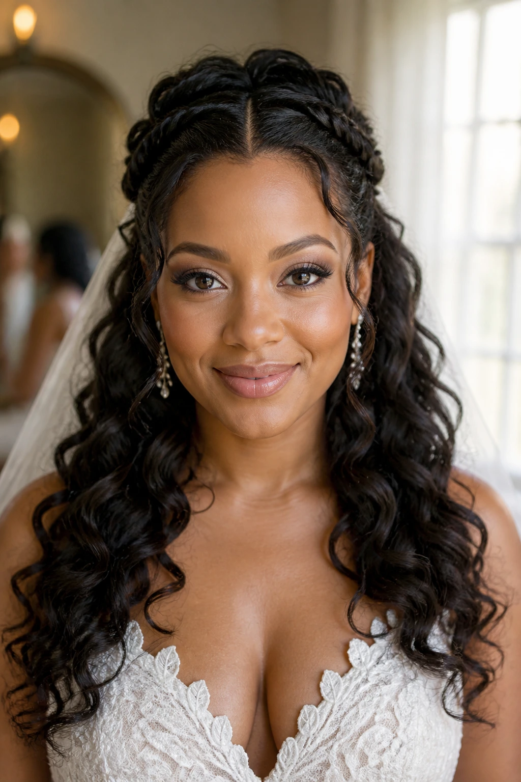 Close-up of a real bride with half-up half-down curls and crown braids