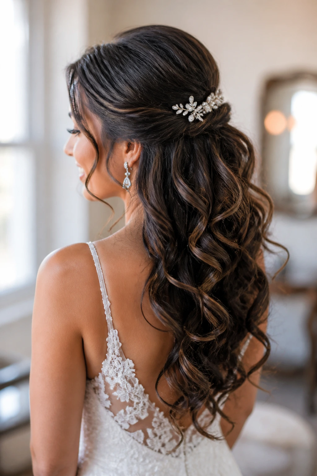 Close-up of a real bride with a soft half-up curl cascade