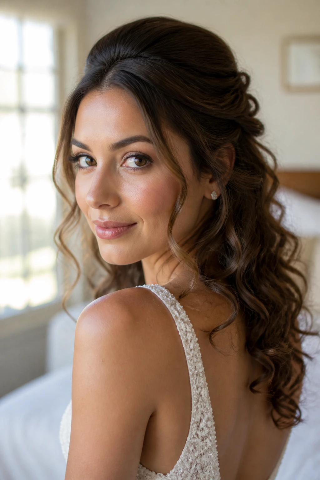 Bride with soft half-up curls and face-framing pieces, close-up