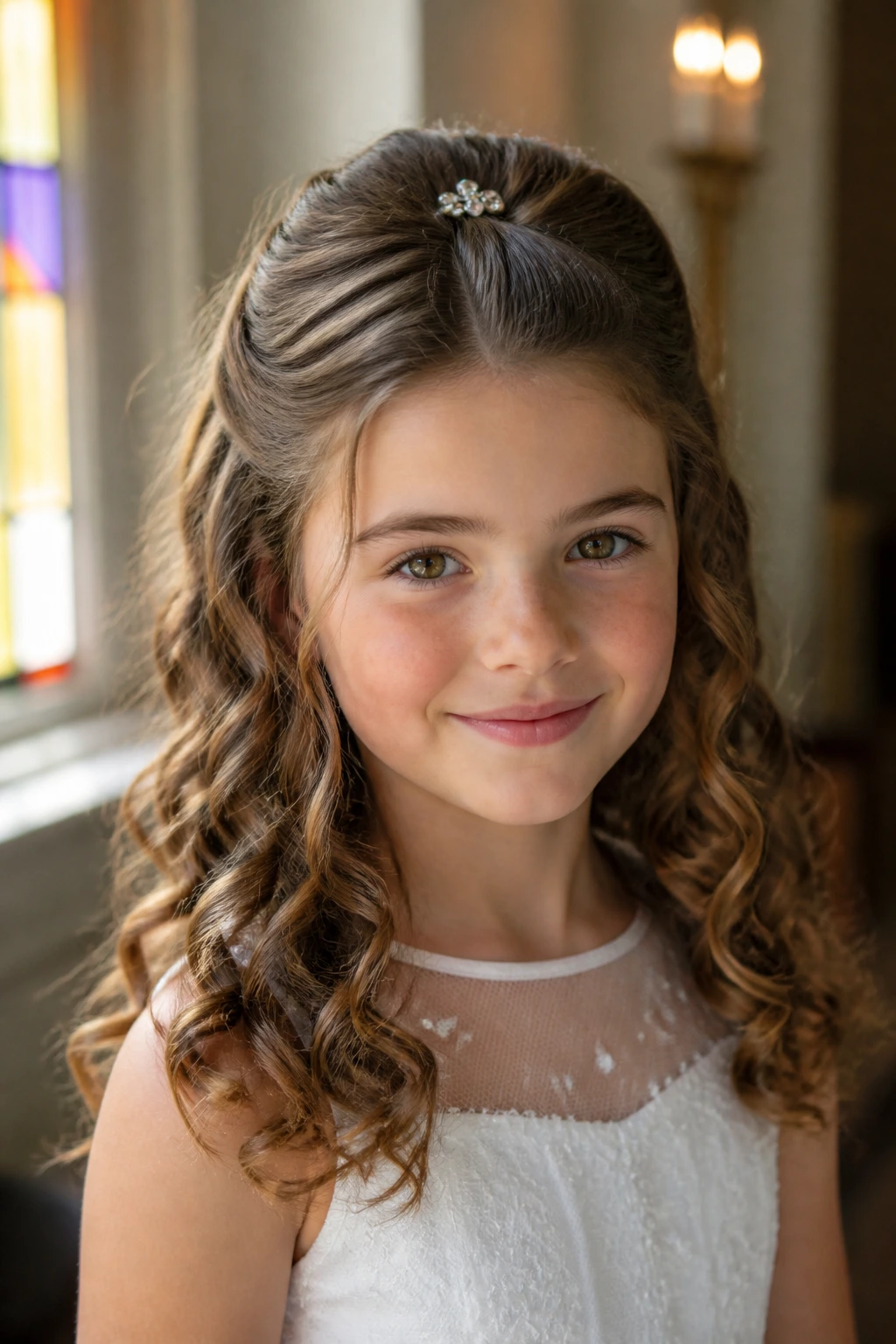 Close-up of a real child with center-clip half-up curls hairstyle in warm church light