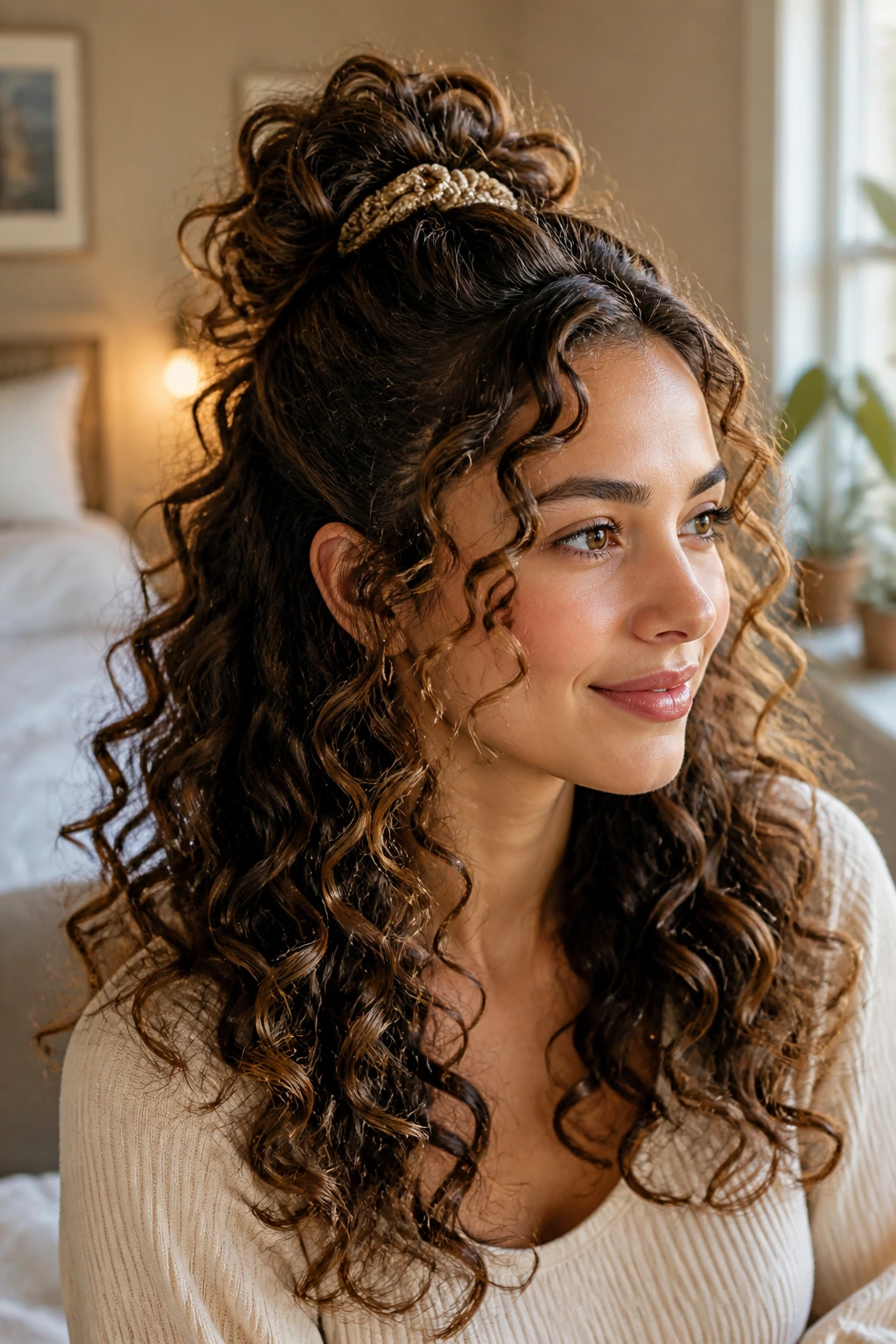 Close-up of a real woman's half-up curly hairstyle with pinned top in warm bedroom light