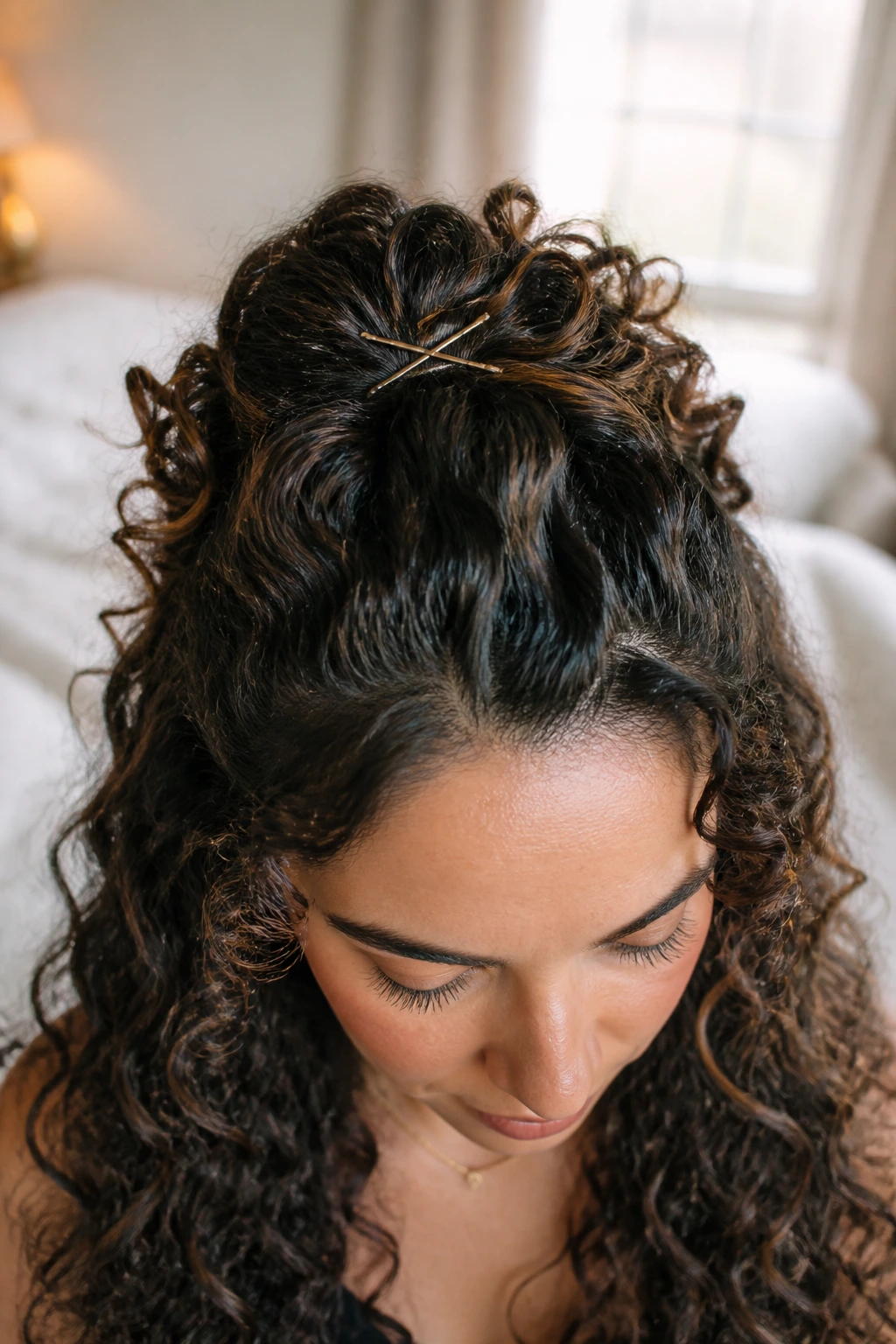Close-up of a real woman with a half-up curly hairstyle secured with two bobby pins in an X, in a warm bedroom.