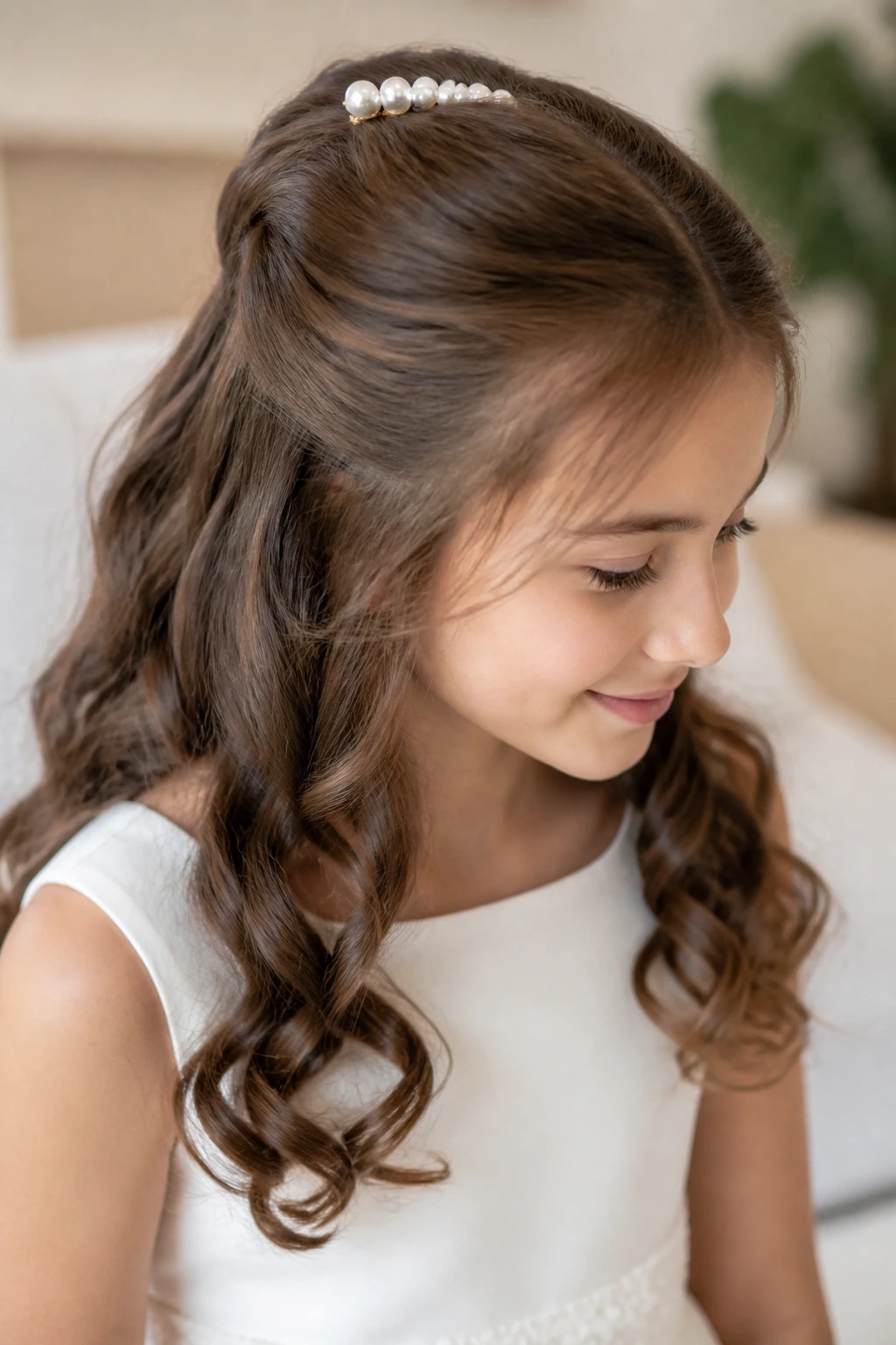 Girl with half-up curls and pearl clip portrait