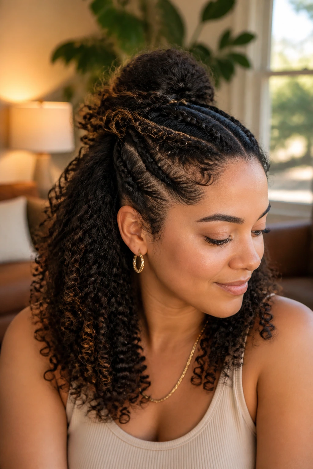 Close-up of a real woman showing crown twists and rope twists at the crown in a cozy living room.