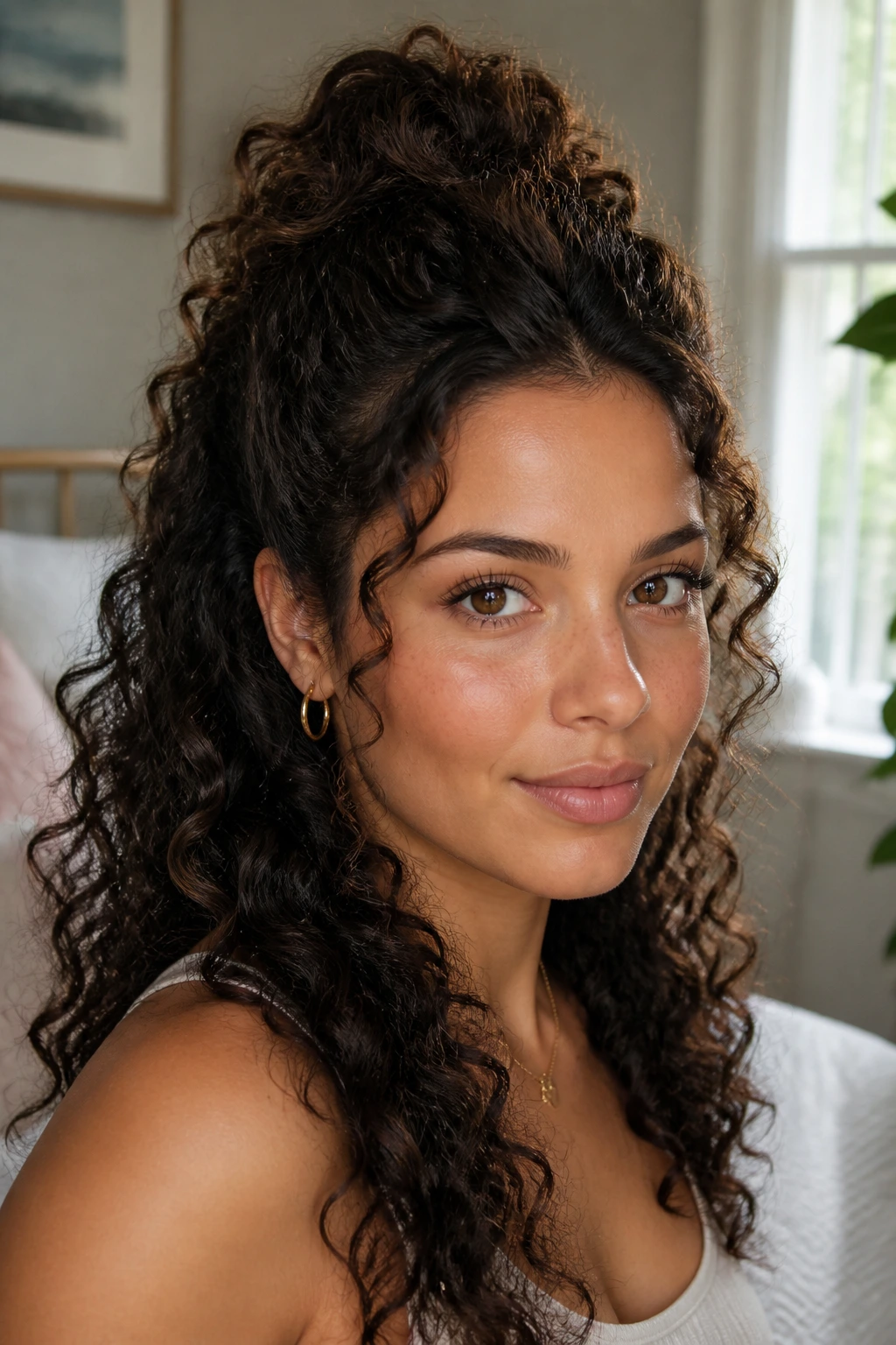 Close-up portrait of a real woman with half-up half-down curly hair showing crown lift.