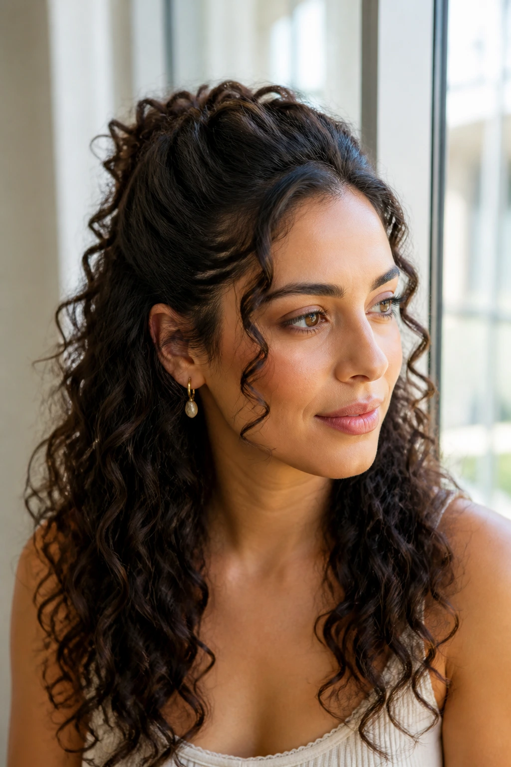 Close-up of a real person with a balanced half-up curly hairstyle
