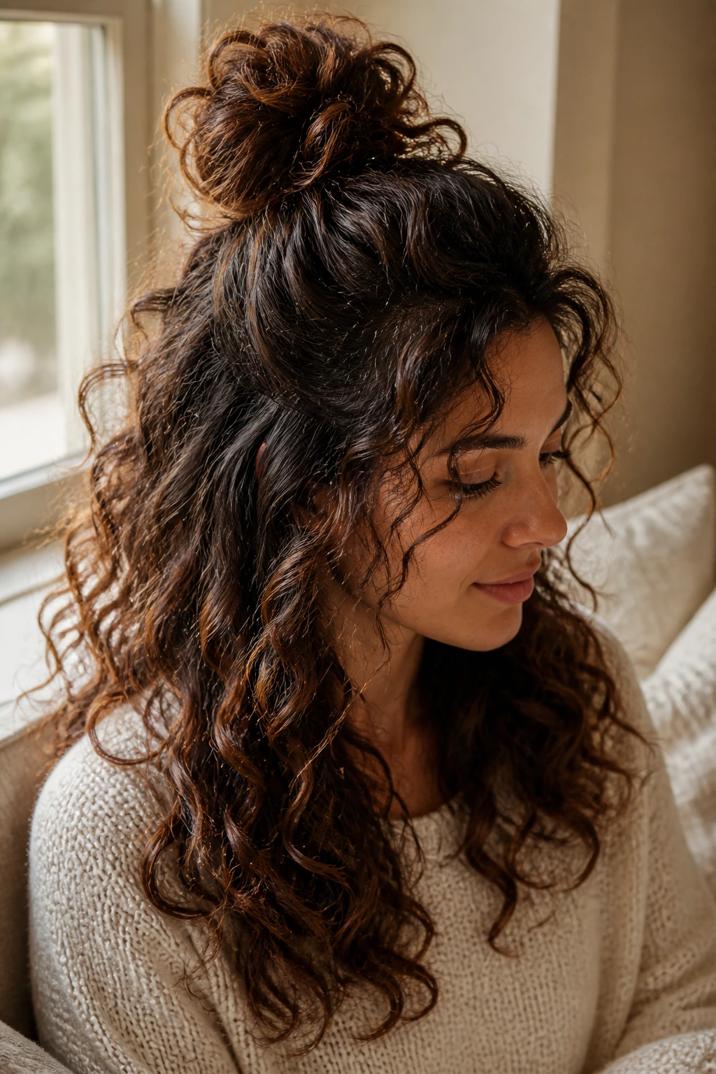 Close-up of a real person with a half-up curly bun
