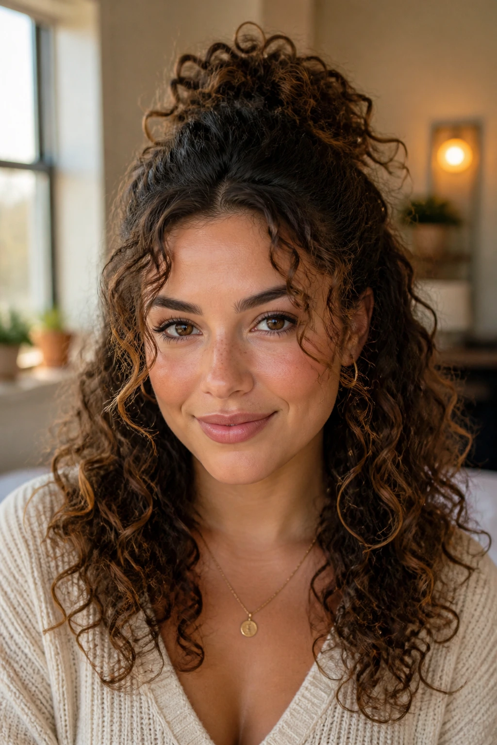 Close-up portrait showing half-up curly hairstyle