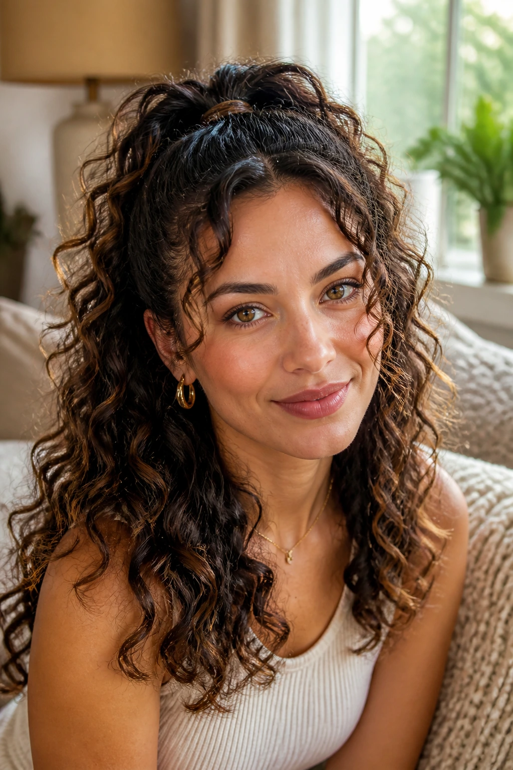 Close-up of a real woman with a half-up curly ponytail