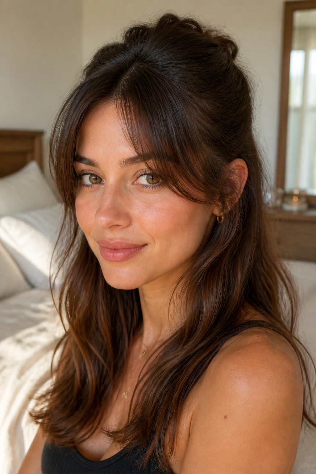 Close-up portrait of a real woman with half-up curtain bangs in warm window light.
