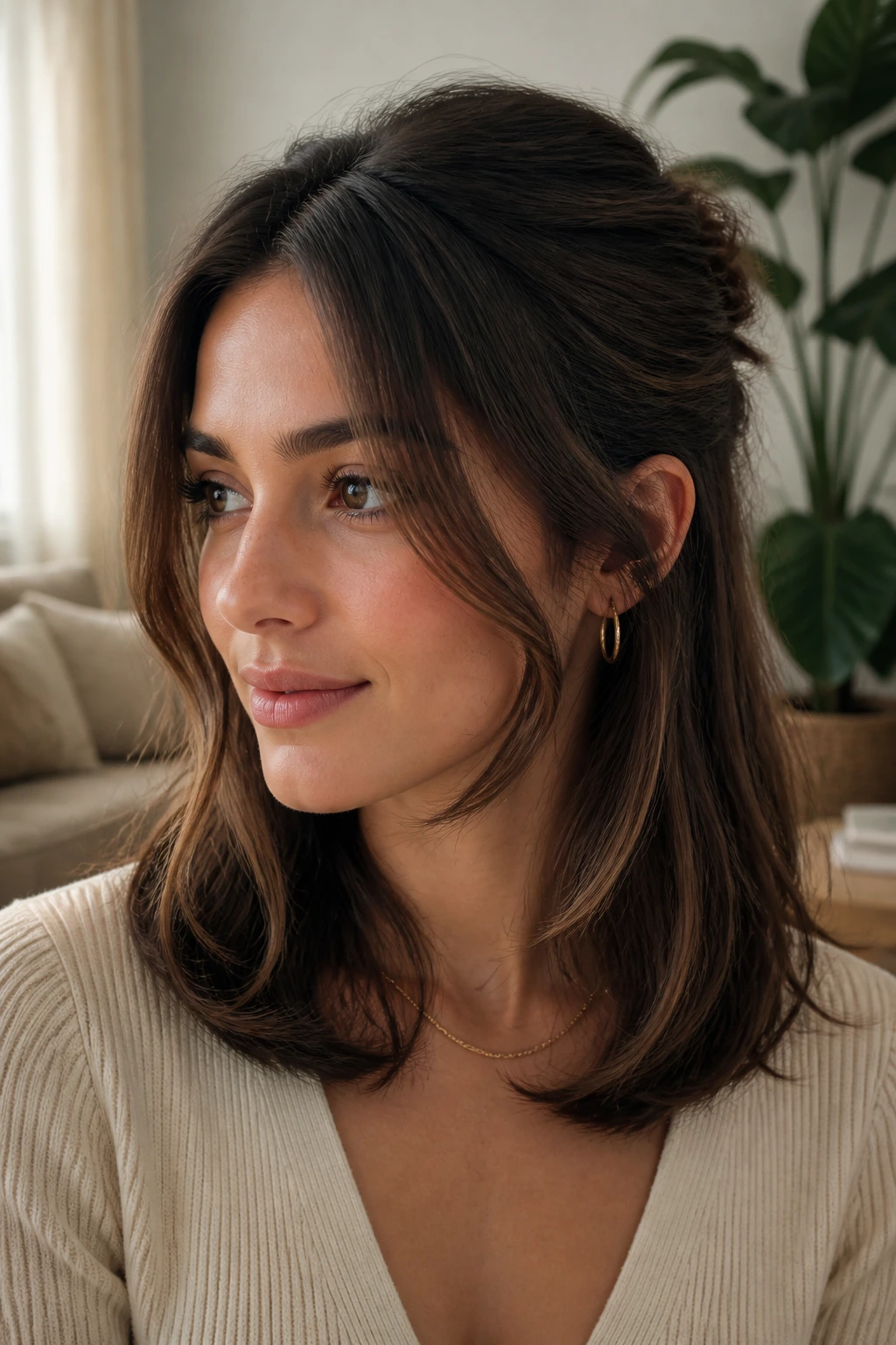 Portrait of a woman with a half-up curve, crown lifted and front pieces framing the face.