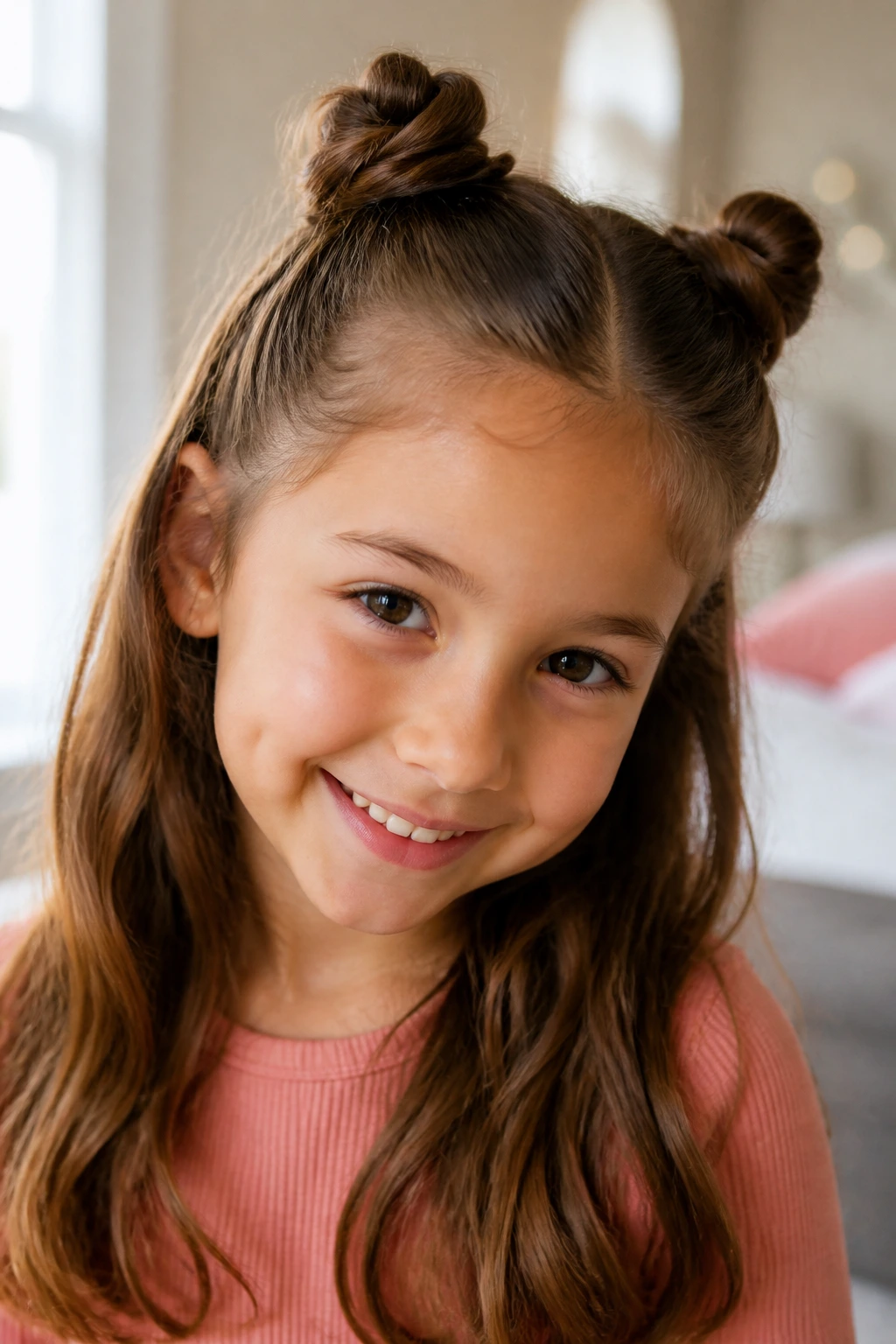 Close-up of a real girl with two top buns on her head