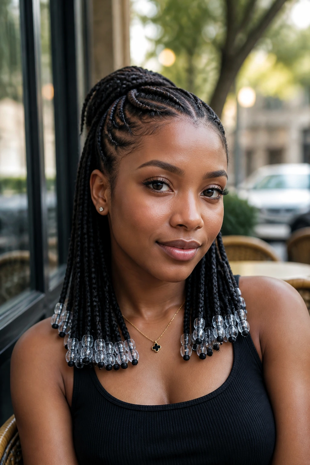 Close-up portrait of a real woman with half-up, half-down braids and beaded ends.