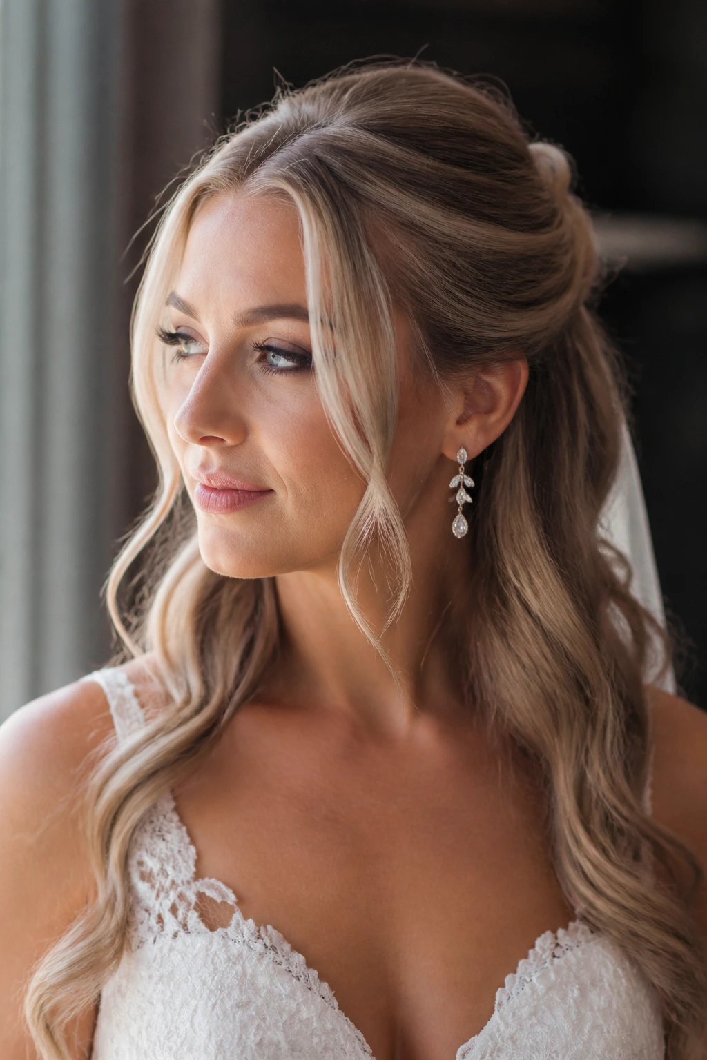 Portrait of a bride with a half-up half-down hairstyle, front pieces framing the face.