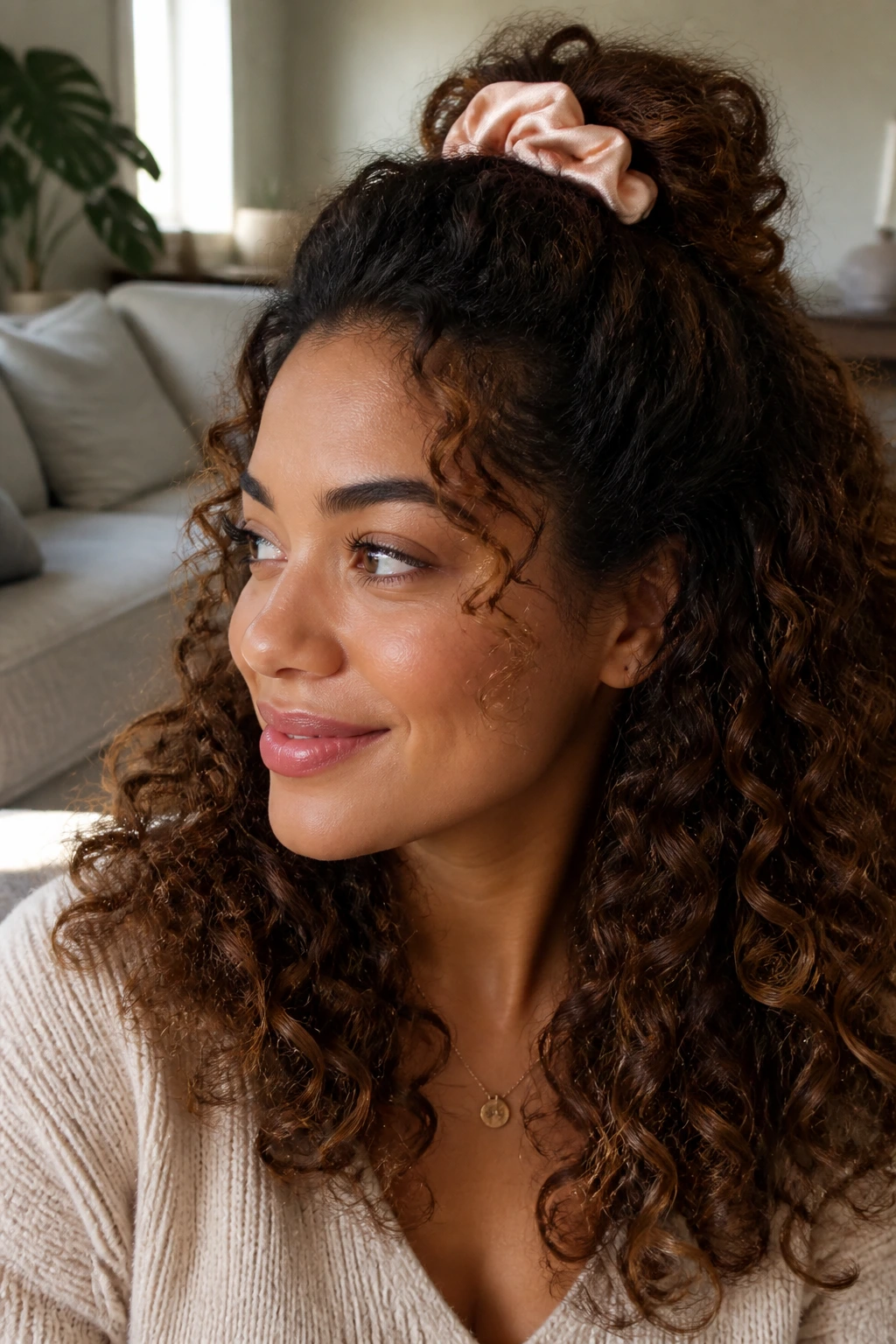 Close-up of woman with half-up half-down curly hairstyle and satin scrunchie.