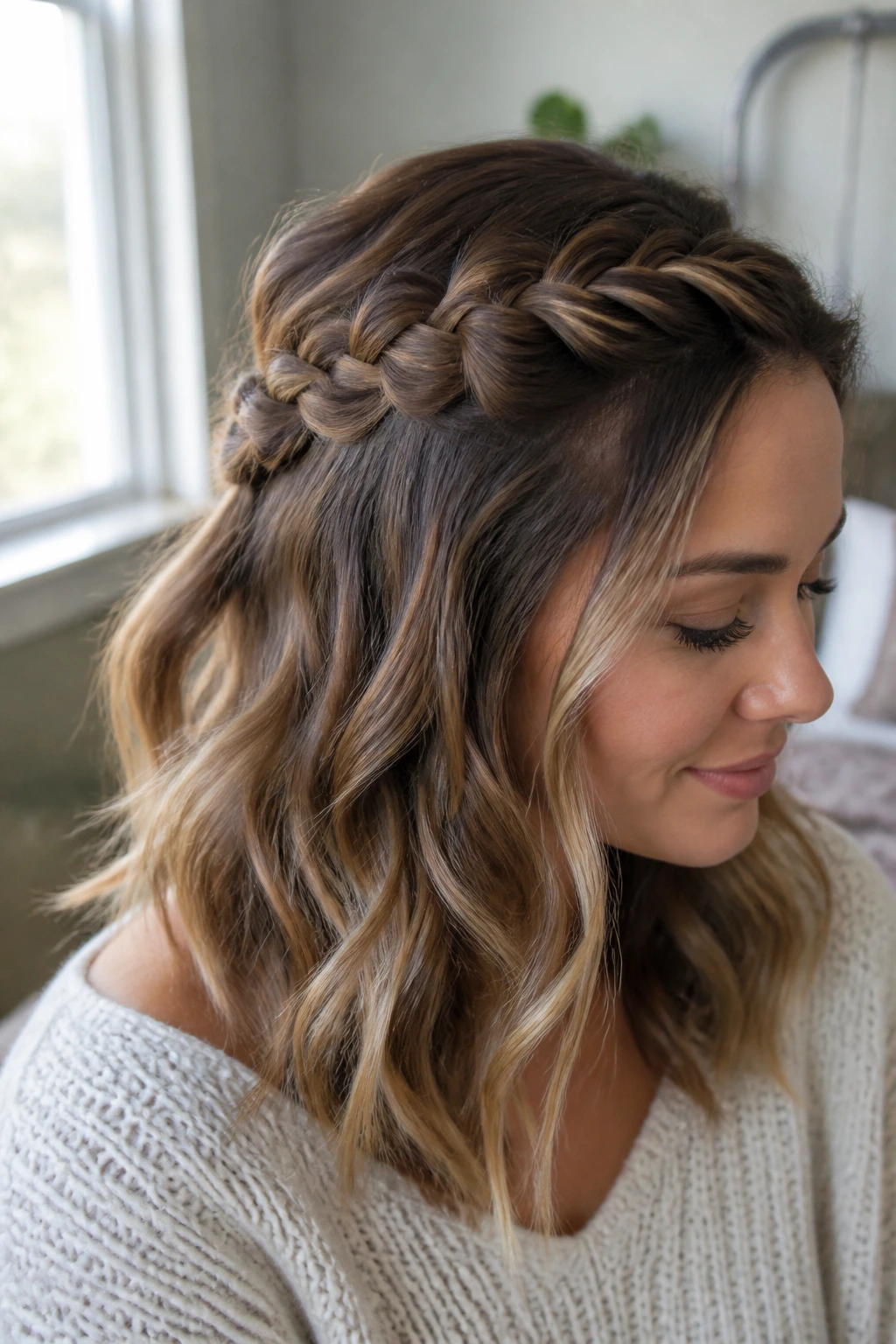 Close-up of half-up Dutch braid with soft waves on real person