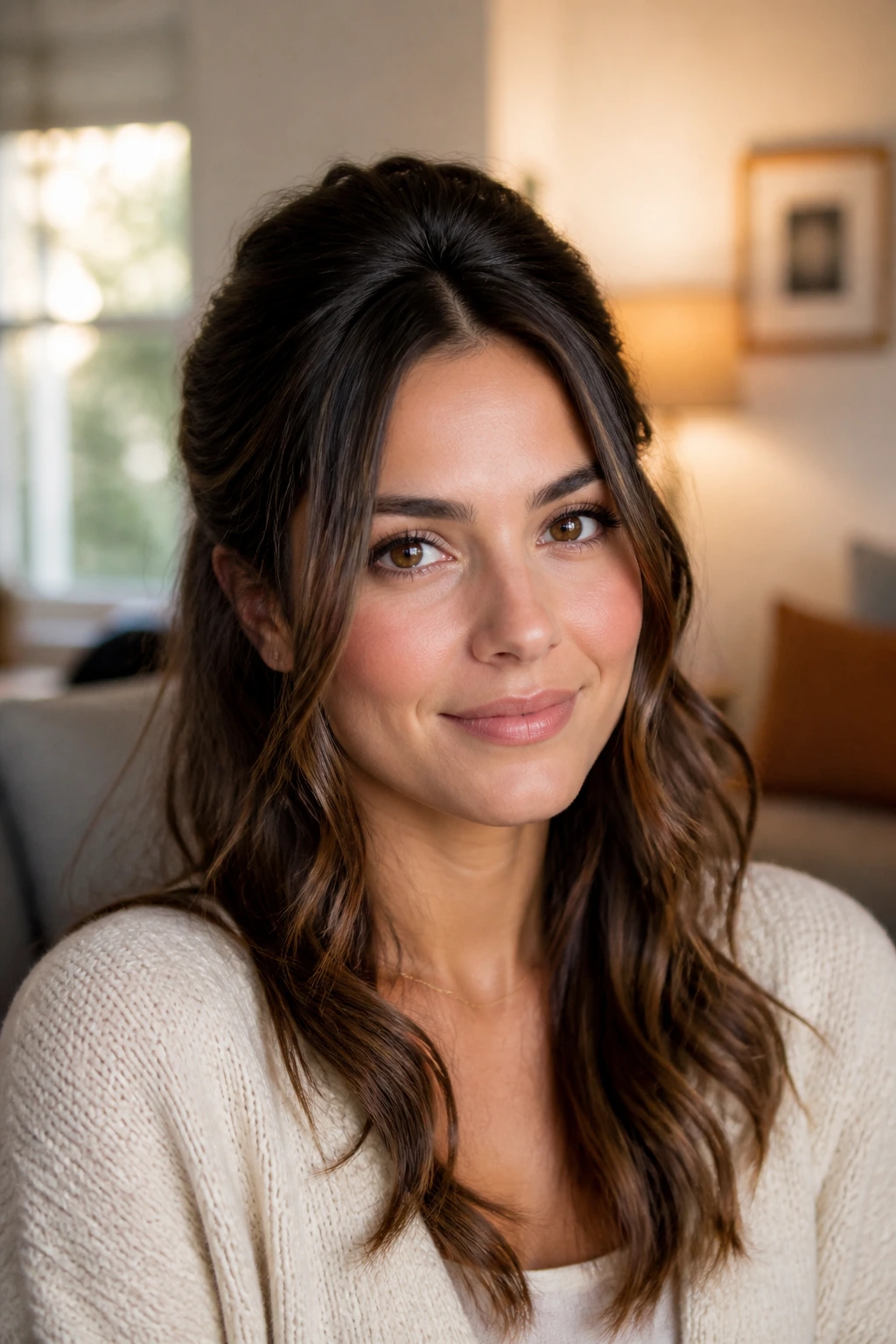 Close-up of a real woman with a half-up hairstyle and face-framing pieces