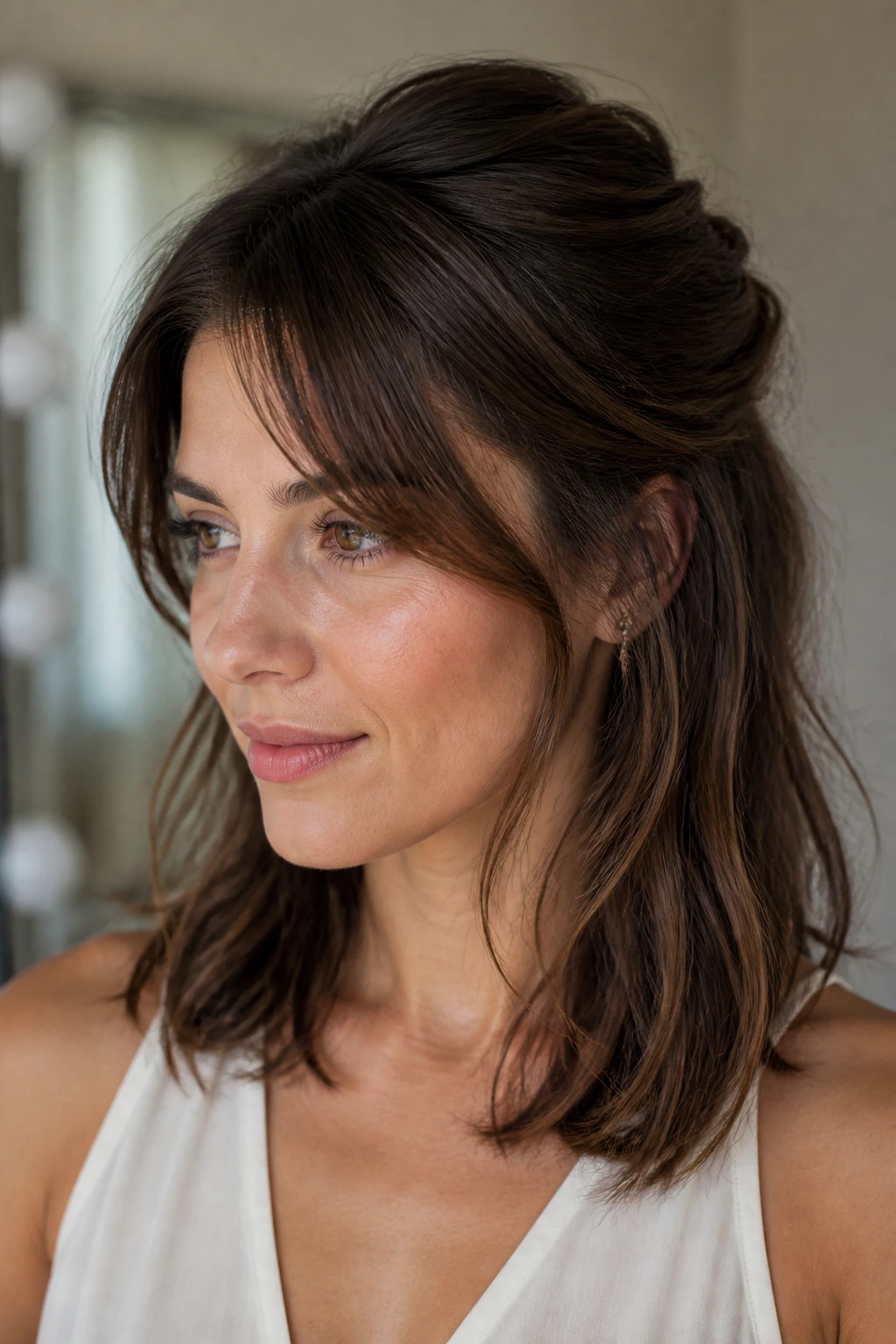 Real woman with half-up style and face-framing side bangs in a softly lit room.