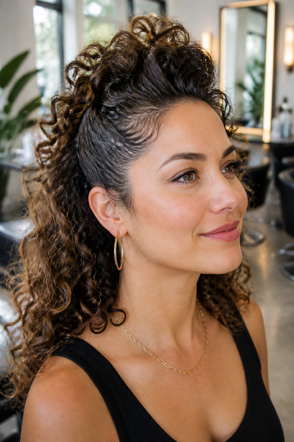 Half-Up Faux Hawk hairstyle on real person, close-up portrait
