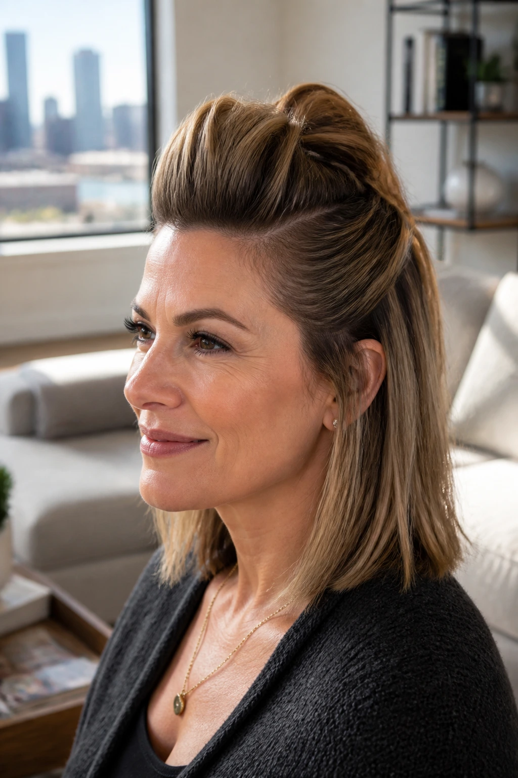 Portrait of a real woman with half-up faux hawk at crown, lob-length hair, relaxed expression in natural light.