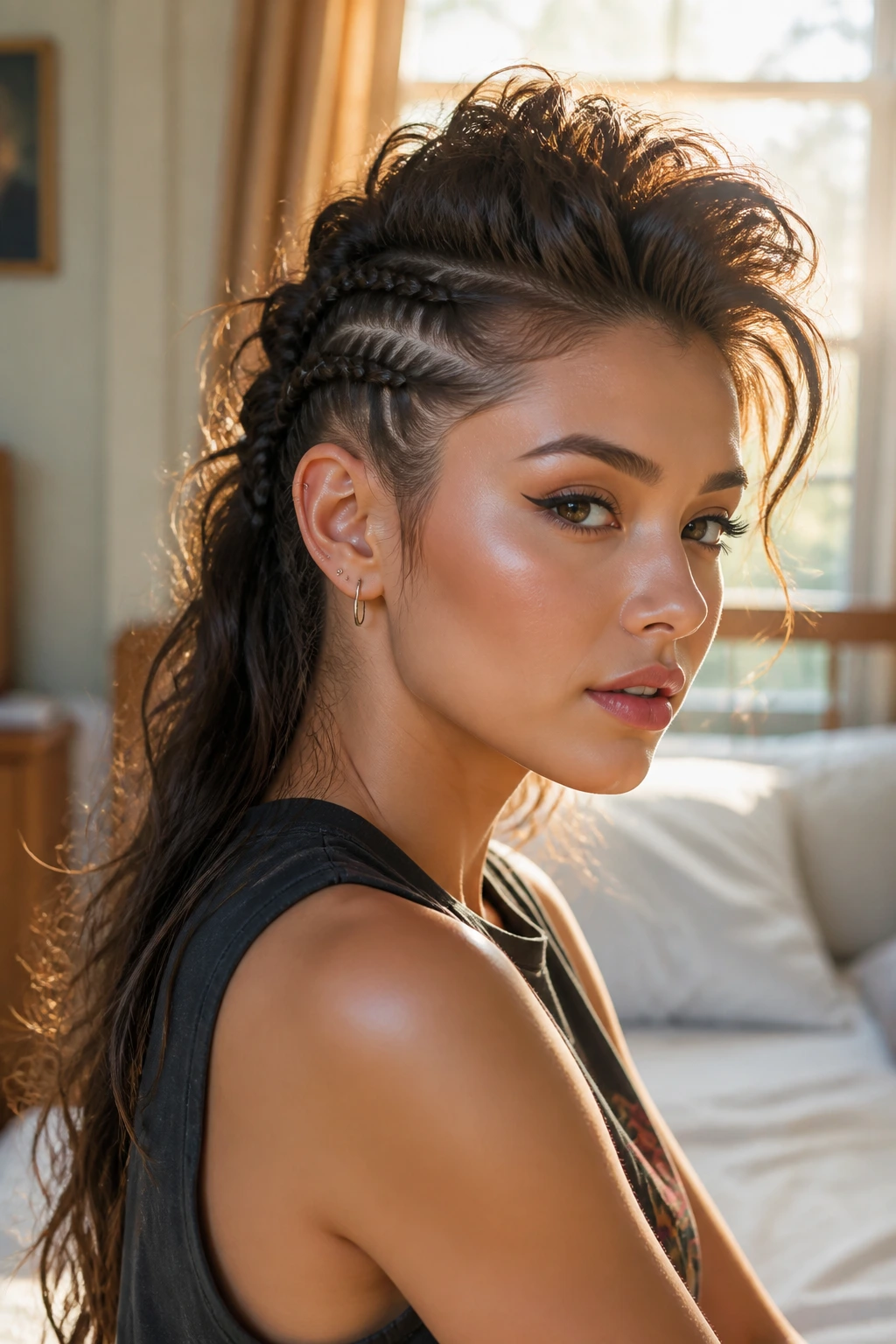 Close-up portrait of a real woman with a half-up warrior faux hawk in warm window light