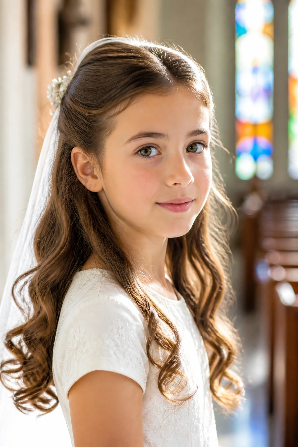 Close-up of girl with half-up hairstyle in church setting