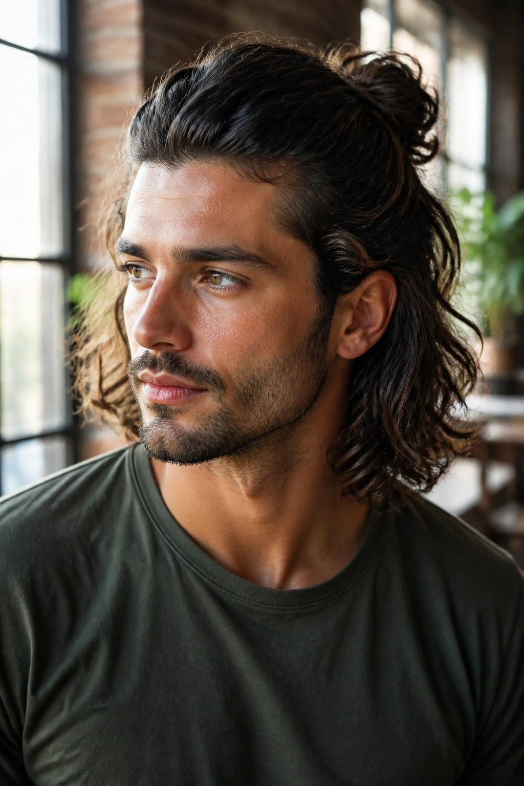 Portrait of a man with half-up flow hairstyle, crown loosely pulled back.