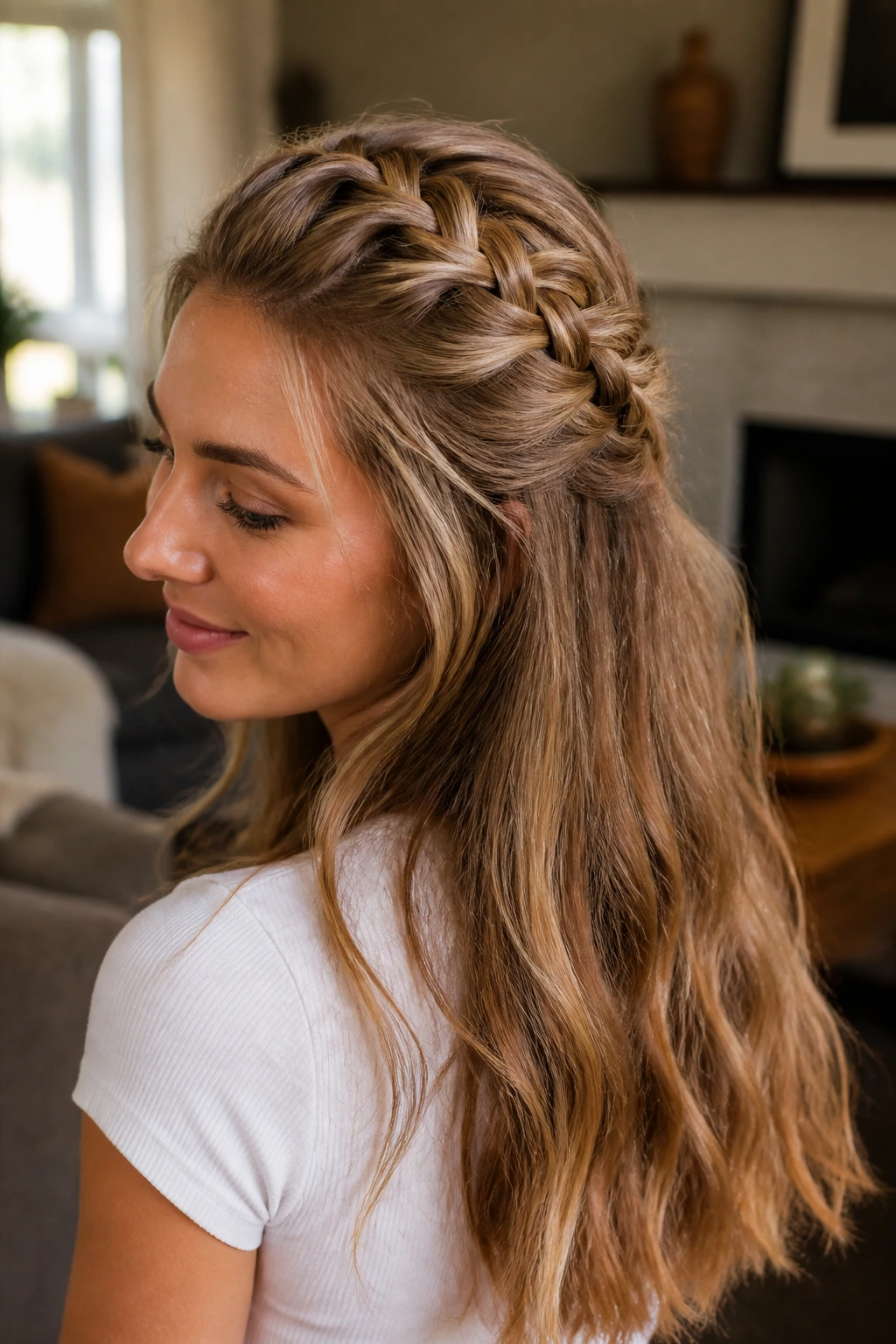 Close-up of a real woman with a half-up French braid and loose hair