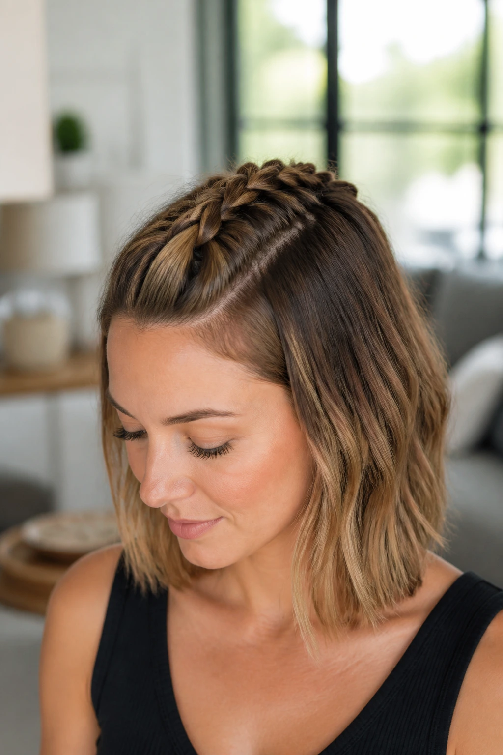 Close-up portrait of a real woman with a lob and a half-up French braid at the crown