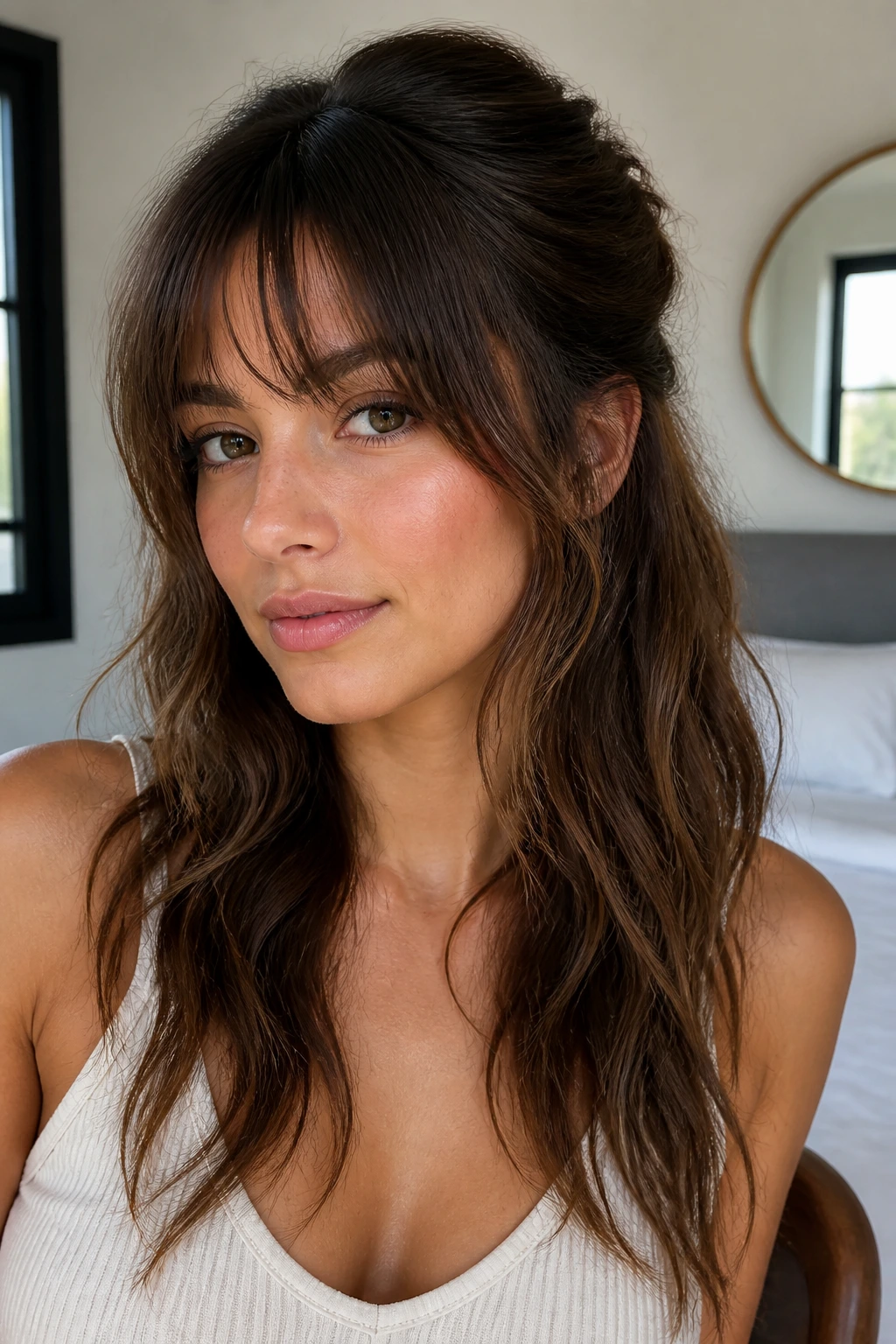 Close-up of real woman with half-up fringe in a bright bedroom