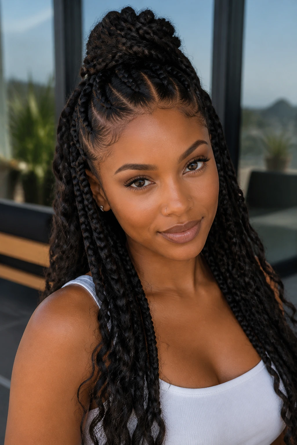 Half-up half-down goddess braids on a real woman