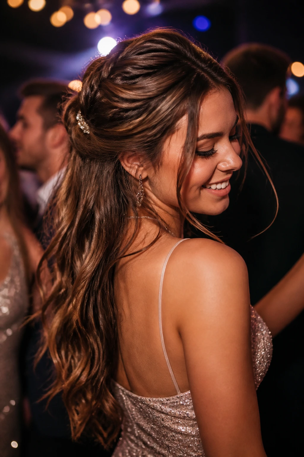 Portrait of a person with half-up hairstyle in a low-light party setting