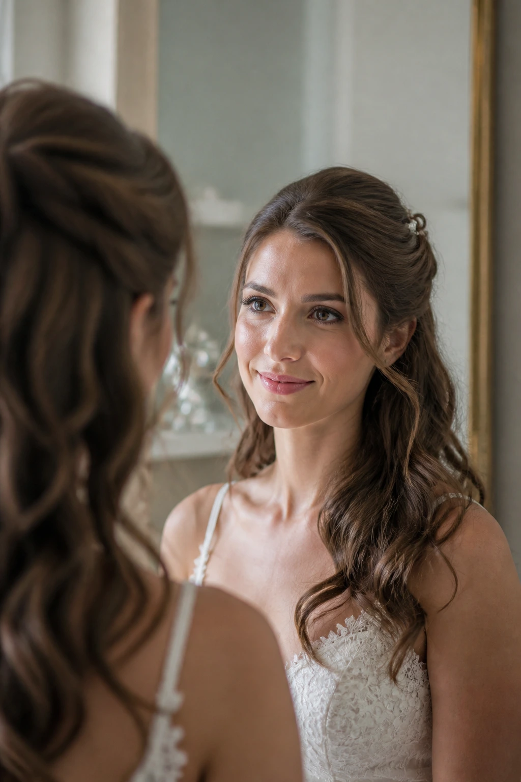 Bride during hair trial with half-up hairstyle, thoughtful look