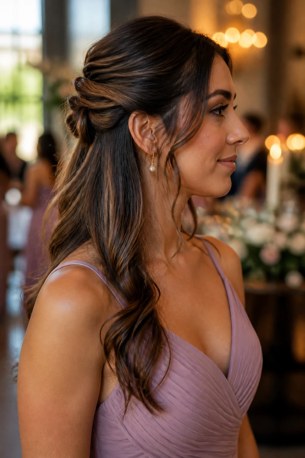 Real bridesmaid with half-up hairstyle matching dress neckline