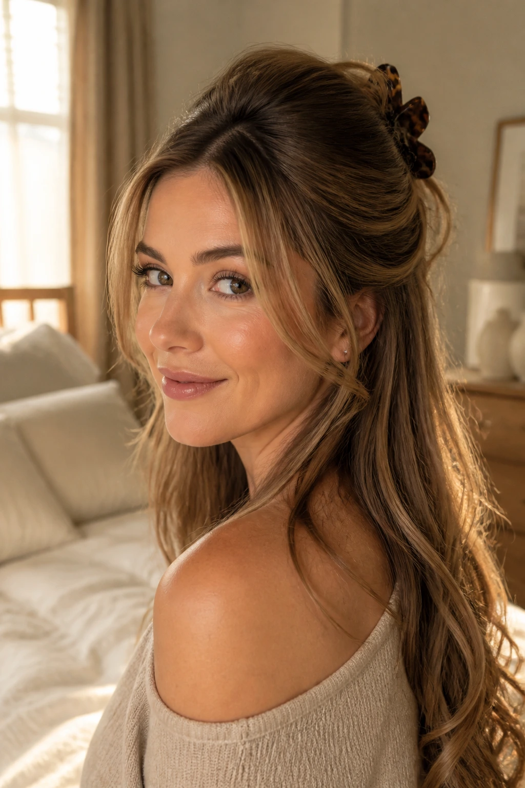 Close-up of a real woman wearing a half-up hairstyle with crown height and bottom length.