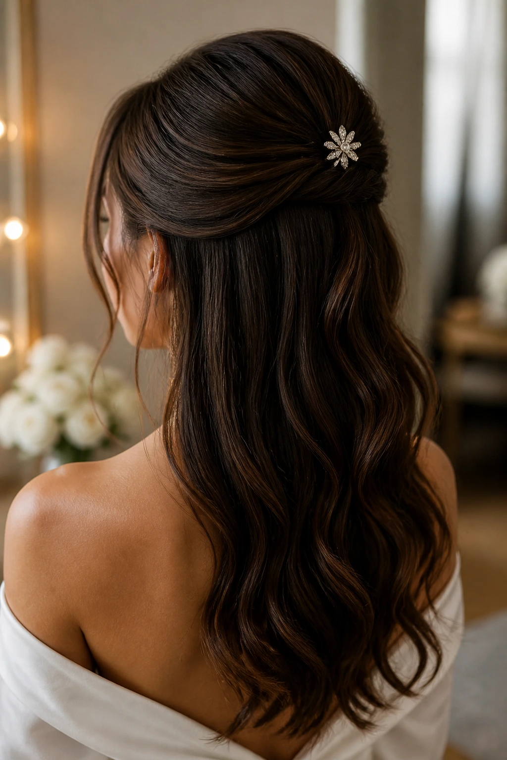 Close-up of a real woman with a half-up half-down hairstyle secured by a crown pin, warm natural window light
