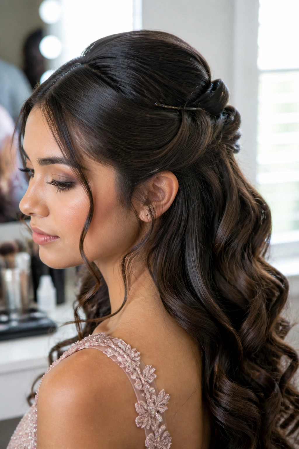 Close-up of real person with a secure half-up hairstyle and pins
